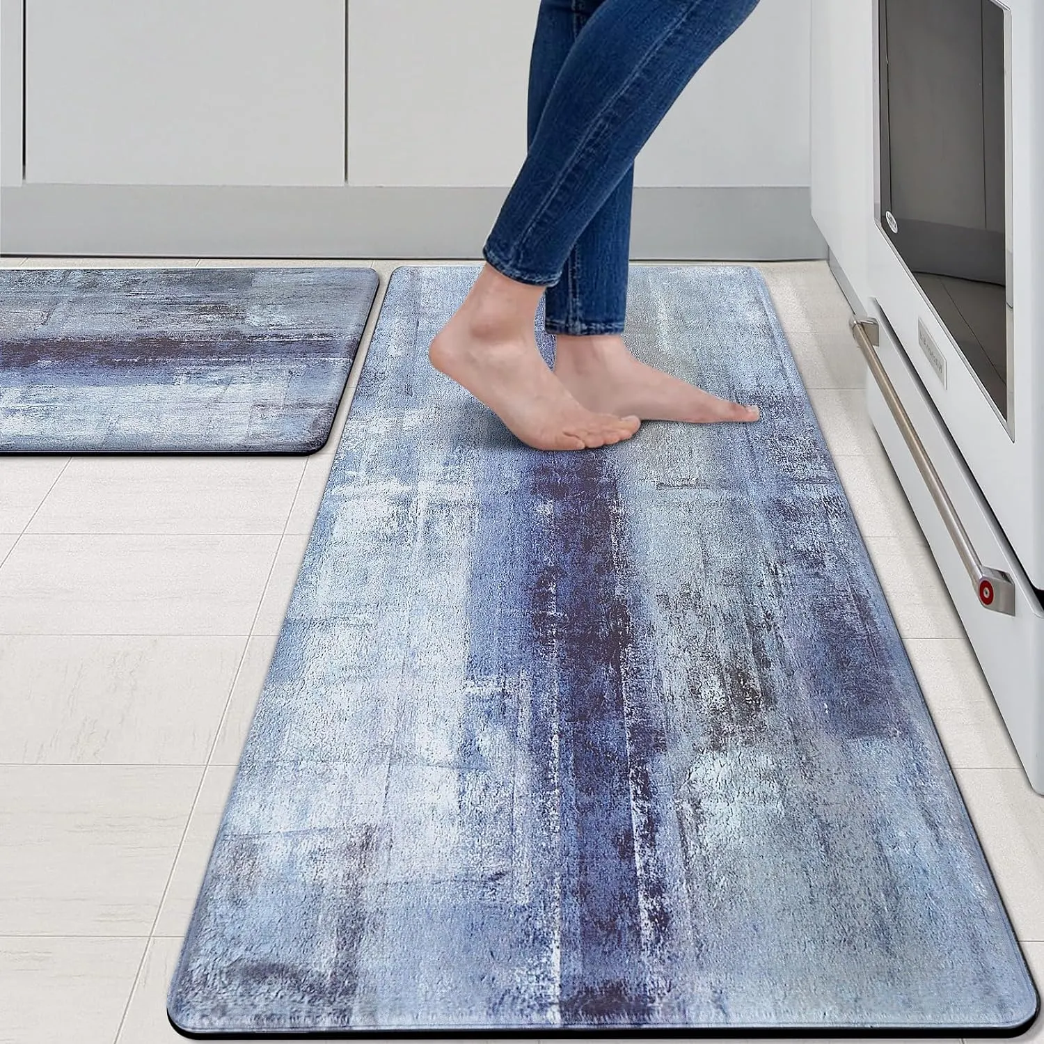 MAYHMYO Anti Fatigue Kitchen Mat - Set of 2 - Blue and Marble Design Comfort Mats - Cushioned, Non Slip Floor Mat