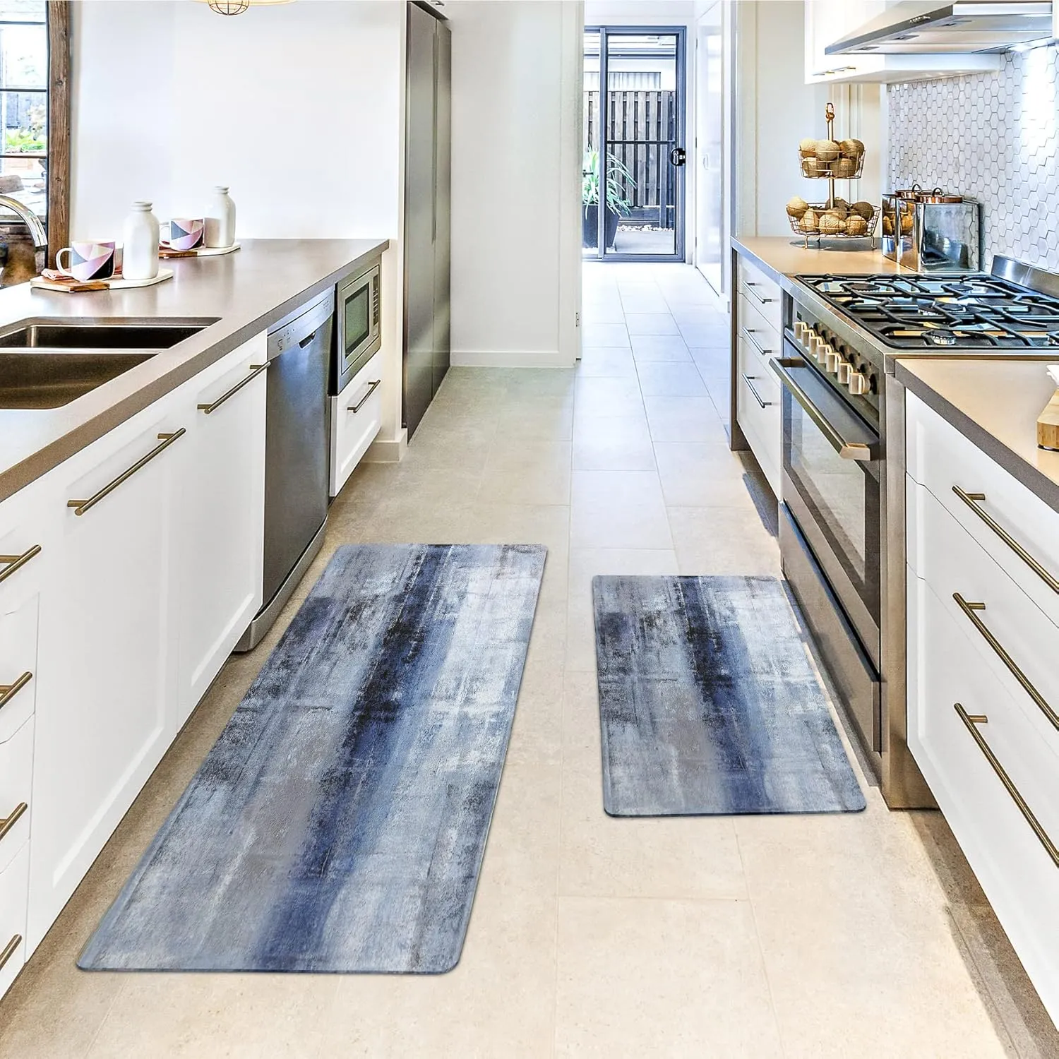 MAYHMYO Anti Fatigue Kitchen Mat - Set of 2 - Blue and Marble Design Comfort Mats - Cushioned, Non Slip Floor Mat