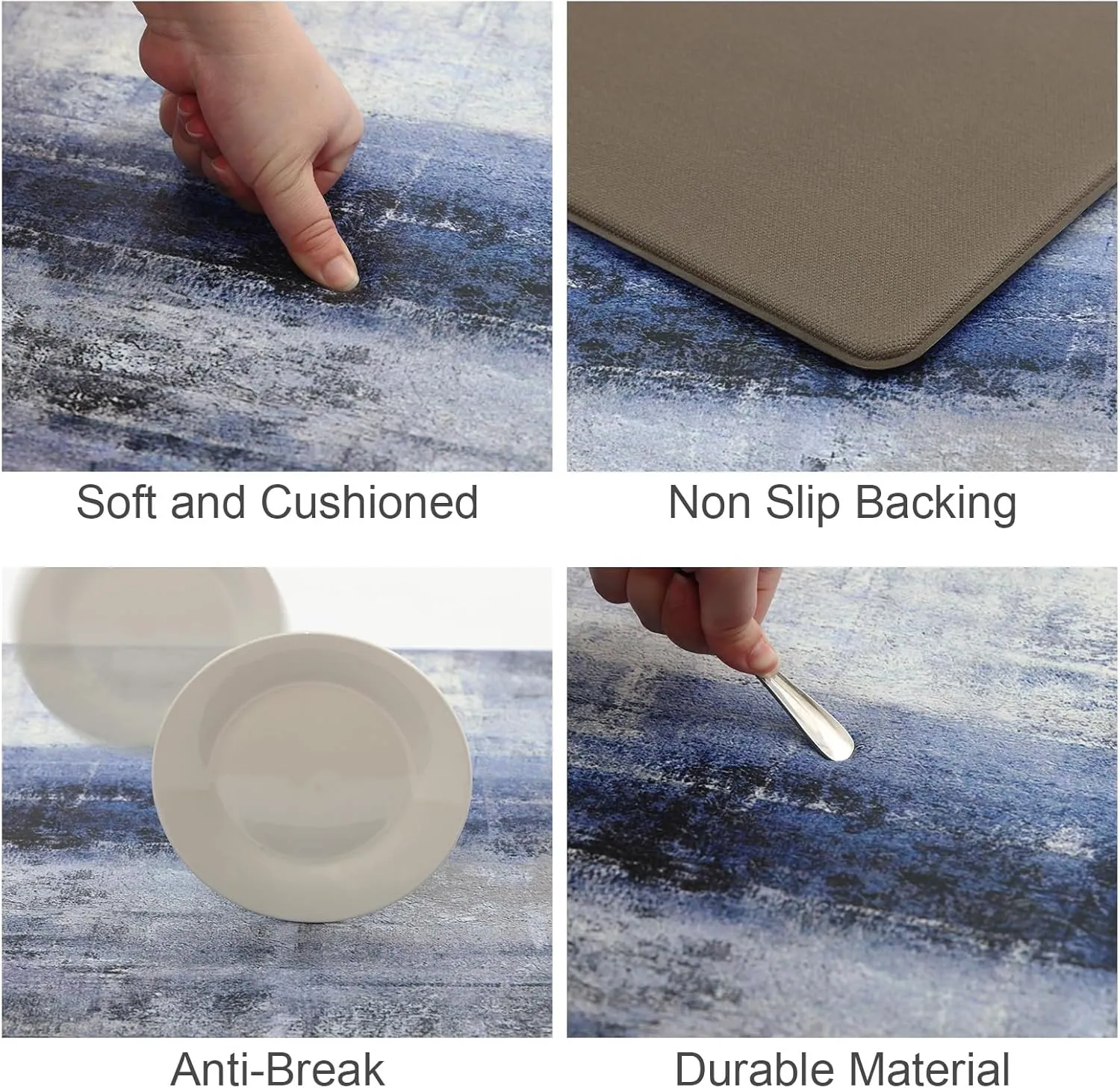 MAYHMYO Anti Fatigue Kitchen Mat - Set of 2 - Blue and Marble Design Comfort Mats - Cushioned, Non Slip Floor Mat