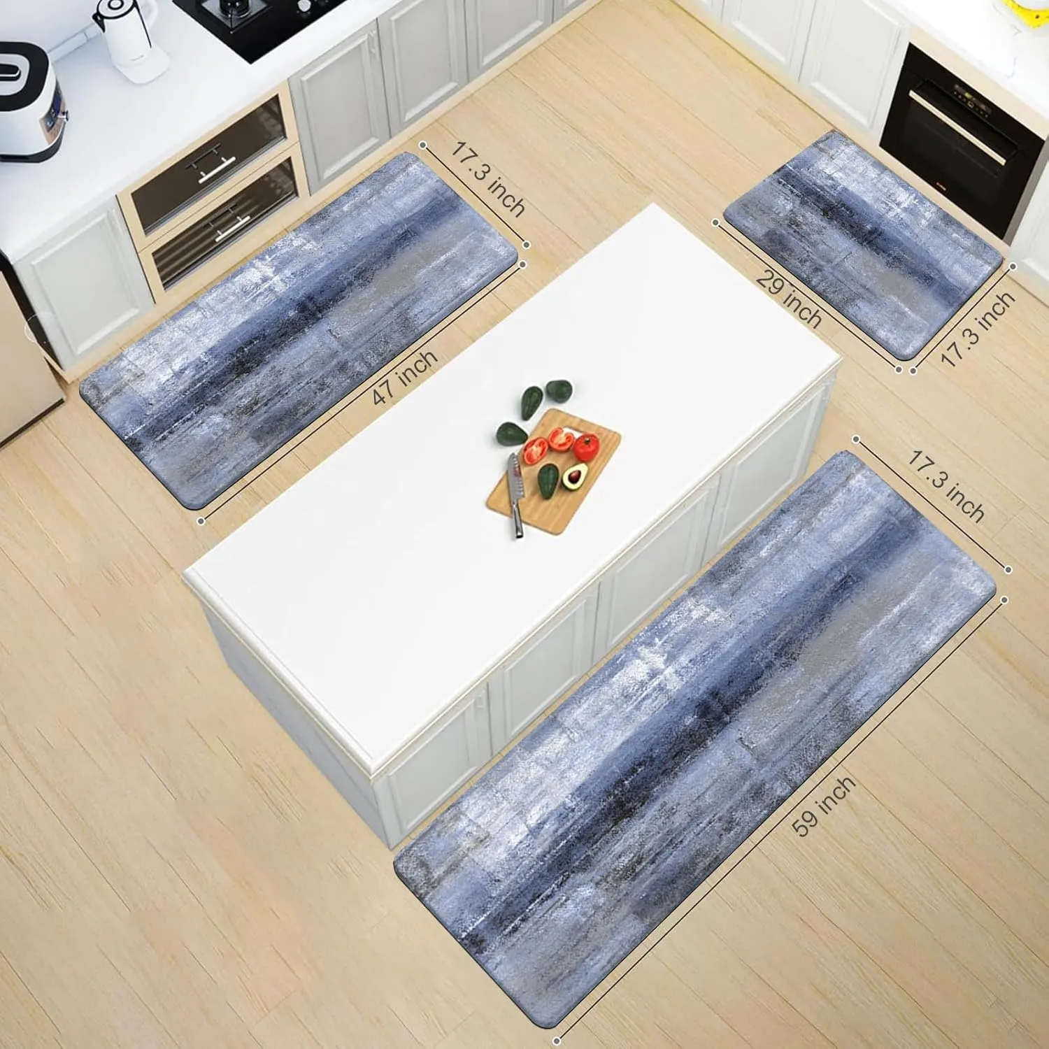 MAYHMYO Anti Fatigue Kitchen Mat - Set of 2 - Blue and Marble Design Comfort Mats - Cushioned, Non Slip Floor Mat