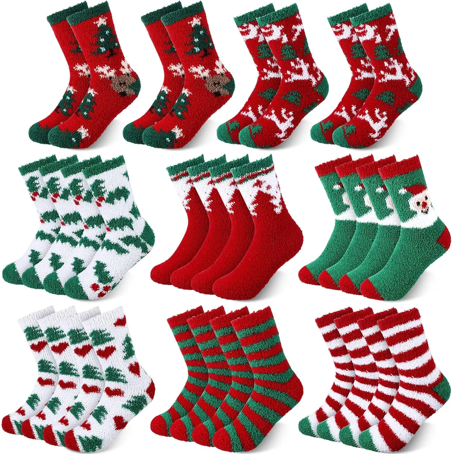 Meanplan 24 Pairs Christmas Fuzzy Socks Womens Bulk Xmas Winter Holiday Cozy Fluffy Warm Sock Pack for Christmas Gift