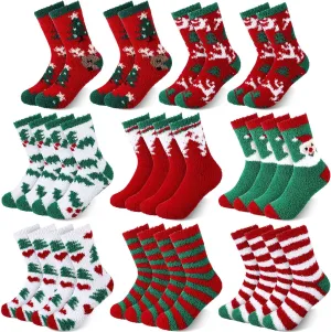 Meanplan 24 Pairs Christmas Fuzzy Socks Womens Bulk Xmas Winter Holiday Cozy Fluffy Warm Sock Pack for Christmas Gift
