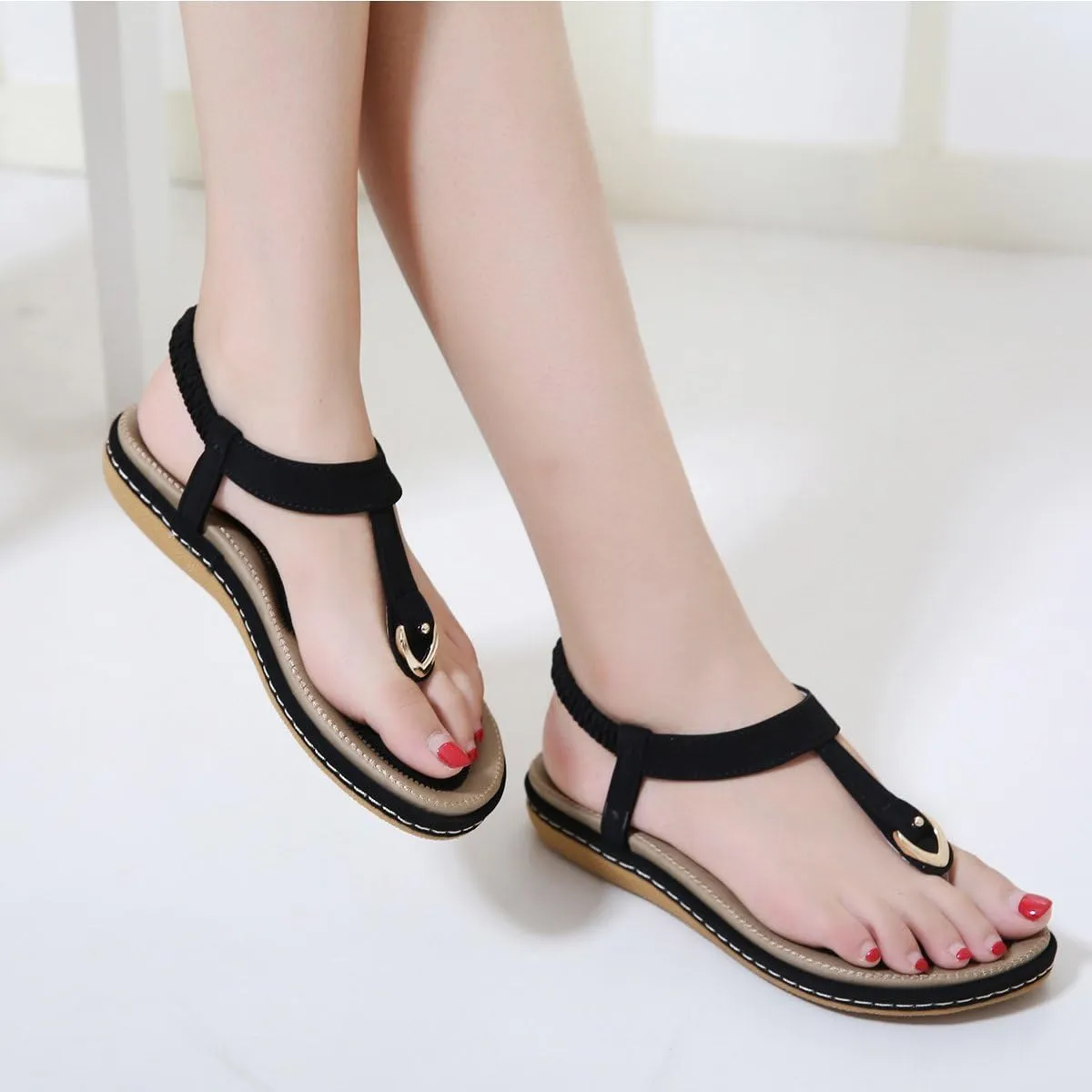 Meeshine Women's Bohemia Flip Flops Summer Beach T-Strap Flat Sandals Comfort Walking Shoes