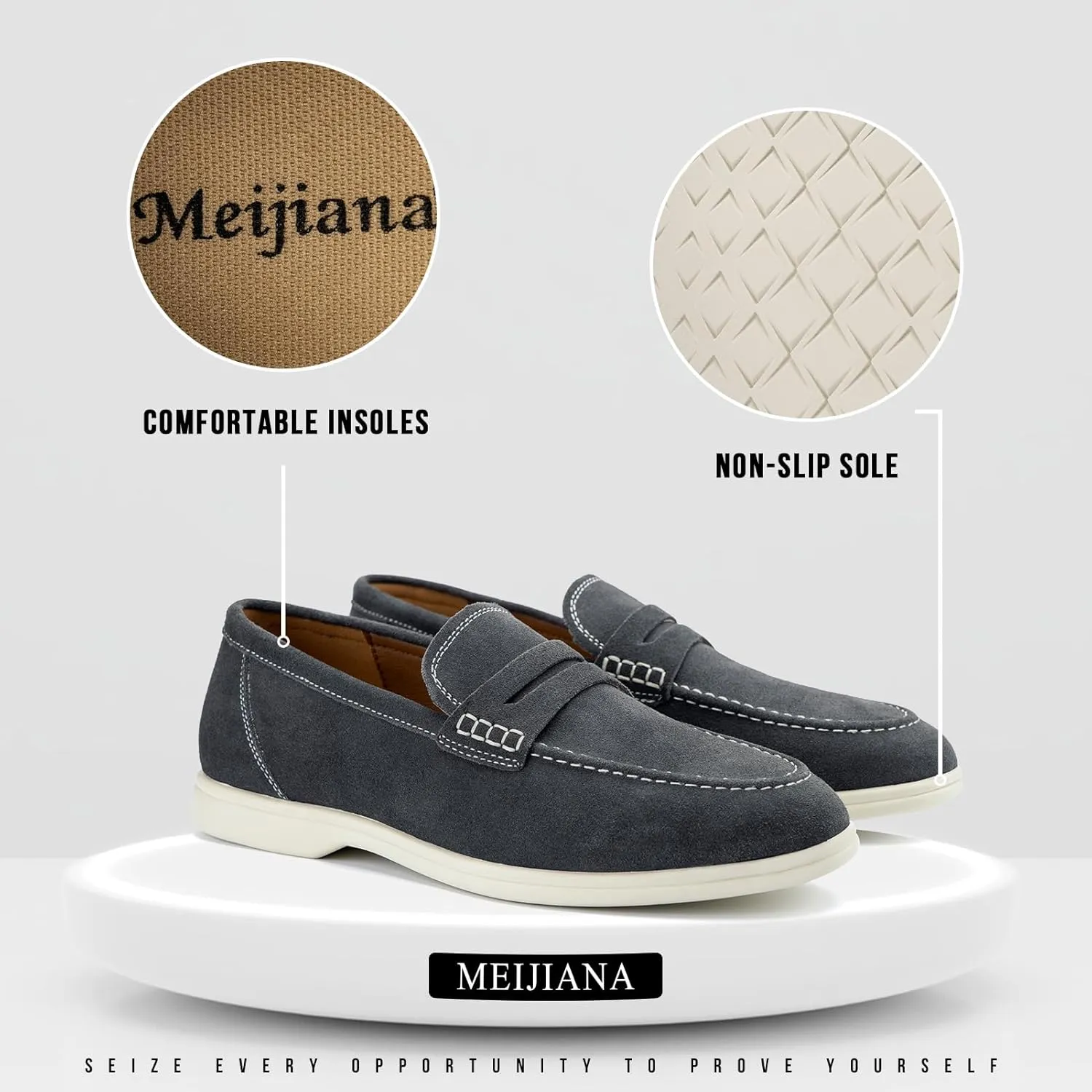 Meijiana Men's Genuine Leather Loafers Slip-On Moccasins Suede Dress Shoes, Lightweight and Breathable with Rubber Sole Stylish Mens Loafers