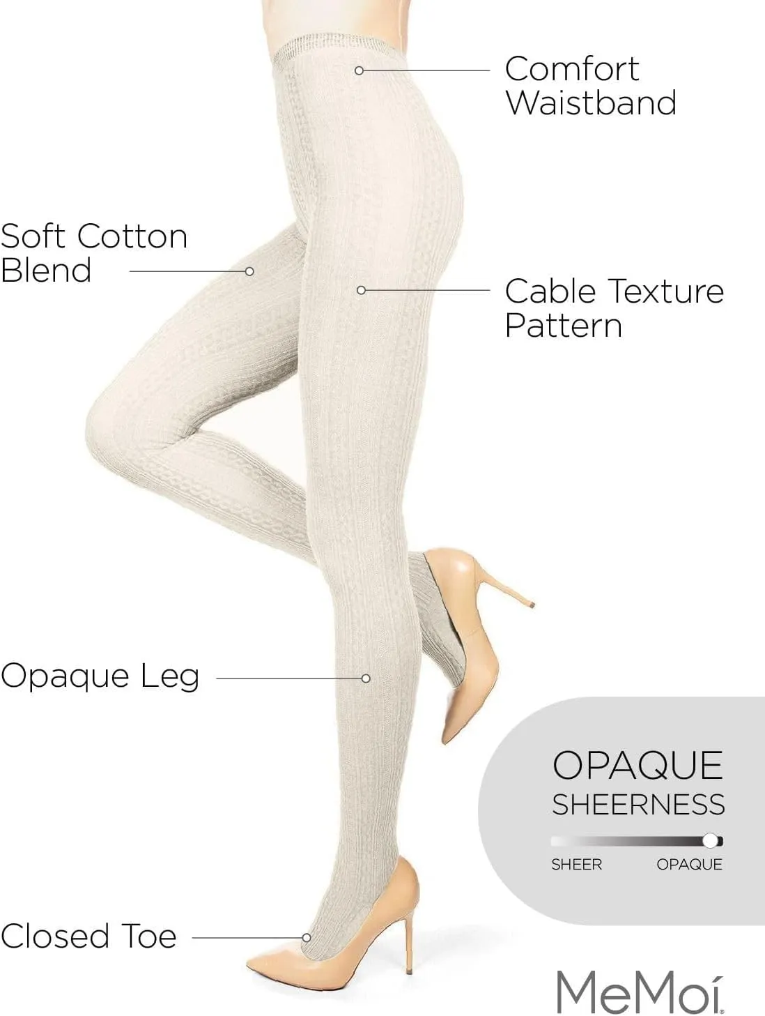 MeMoi Toronto Cable Cotton Tights for Women, Cozy and Breathable Warm Sweater Tights - Sizes S to XL