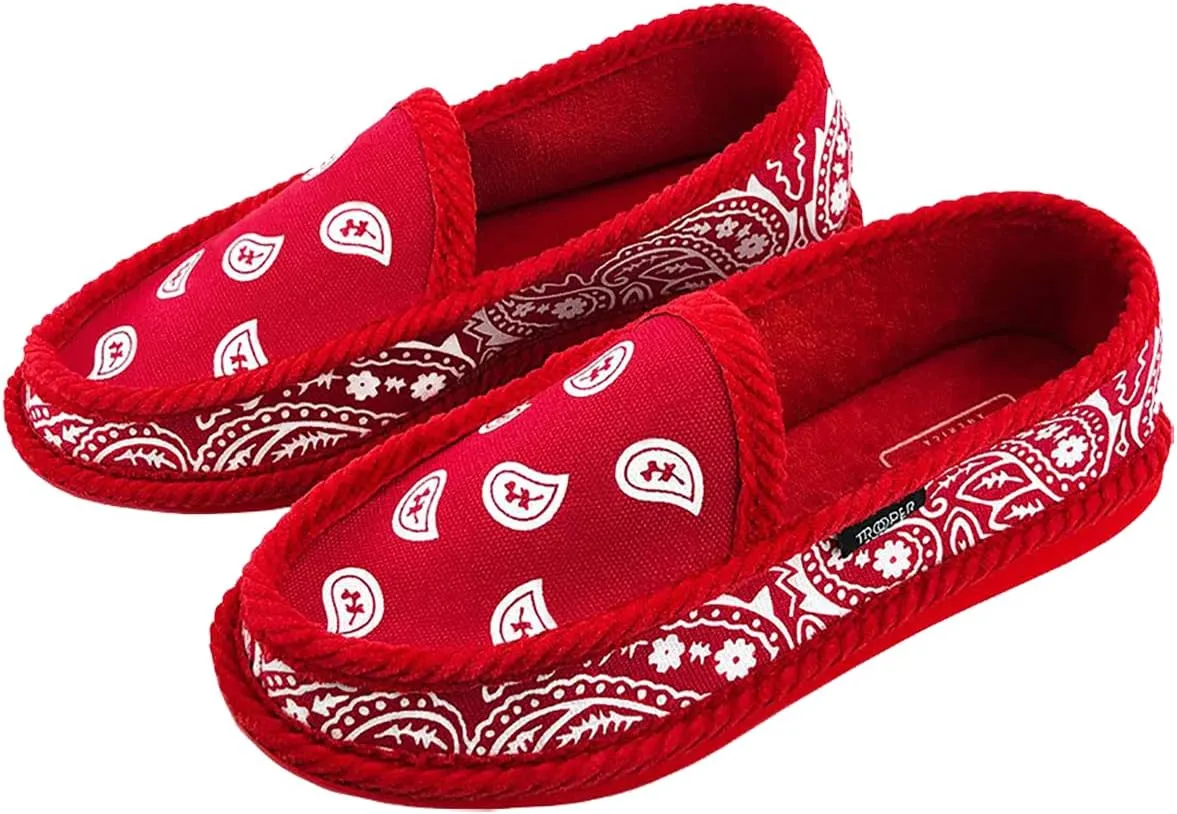 Men KS-002 Red Bandana Paisley Slip-On | Cozy, Colorful House Shoe Slippers | Ultra Cushion For Indoor and Outdoor