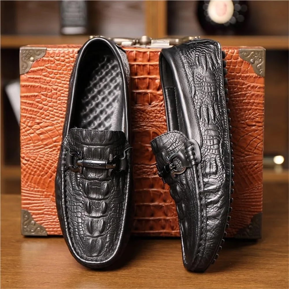 Mens Anti-Slip Lightweight Loafers Shoe Faux Crocodile Print Solid Colors Leather Comfortable Flat Heel Flexible for Wedding