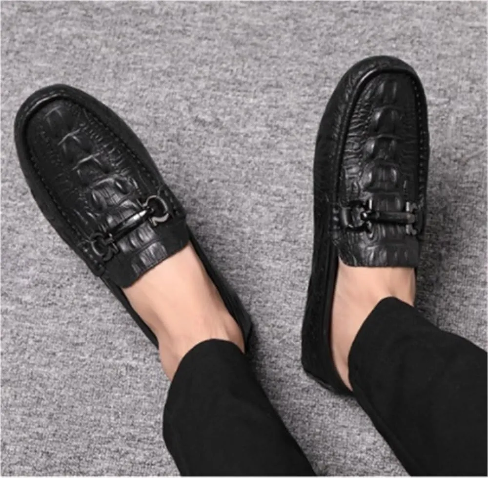 Mens Anti-Slip Lightweight Loafers Shoe Faux Crocodile Print Solid Colors Leather Comfortable Flat Heel Flexible for Wedding