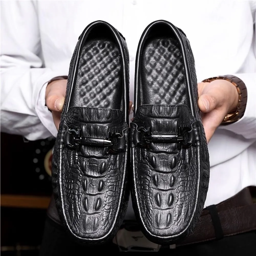 Mens Anti-Slip Lightweight Loafers Shoe Faux Crocodile Print Solid Colors Leather Comfortable Flat Heel Flexible for Wedding