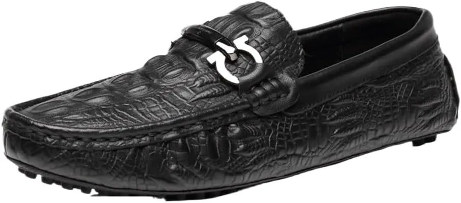 Mens Anti-Slip Lightweight Loafers Shoe Faux Crocodile Print Solid Colors Leather Comfortable Flat Heel Flexible for Wedding