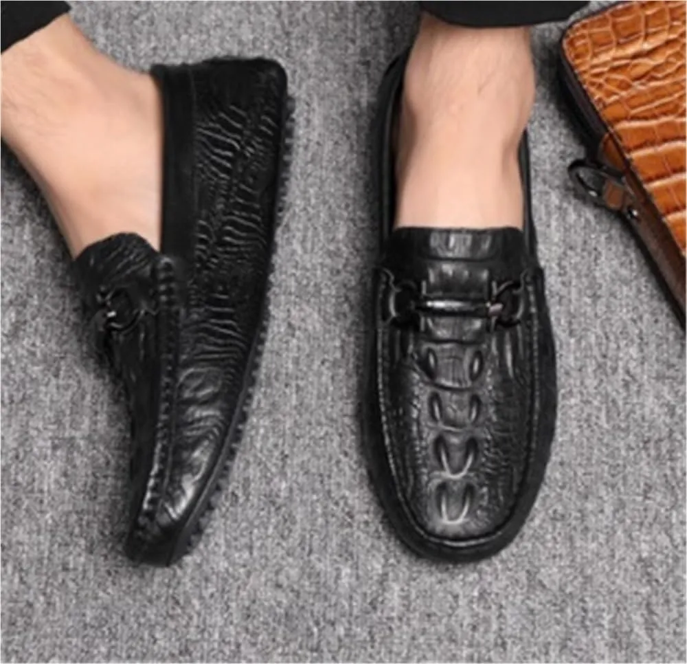 Mens Anti-Slip Lightweight Loafers Shoe Faux Crocodile Print Solid Colors Leather Comfortable Flat Heel Flexible for Wedding