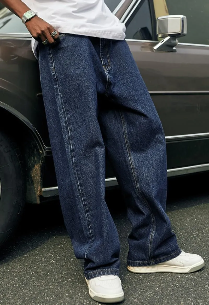 Mens Baggy Jeans Y2k Skater Vintage Plain Pants Casual Wide Leg Loose Fit Denim Hip Hop Jean