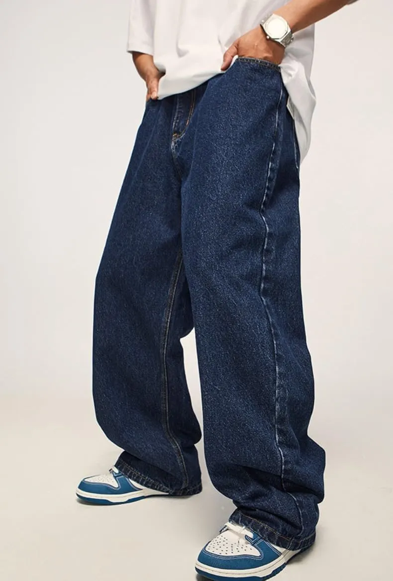 Mens Baggy Jeans Y2k Skater Vintage Plain Pants Casual Wide Leg Loose Fit Denim Hip Hop Jean