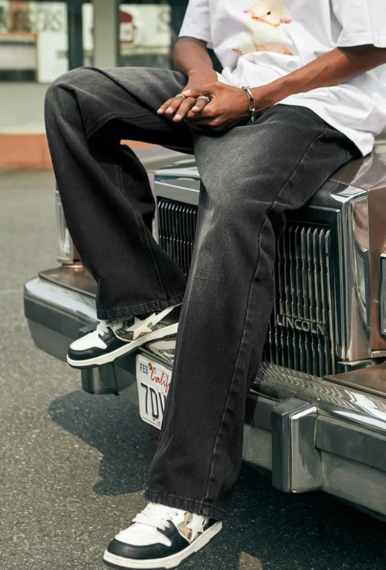 Mens Baggy Jeans Y2k Skater Vintage Plain Pants Casual Wide Leg Loose Fit Denim Hip Hop Jean
