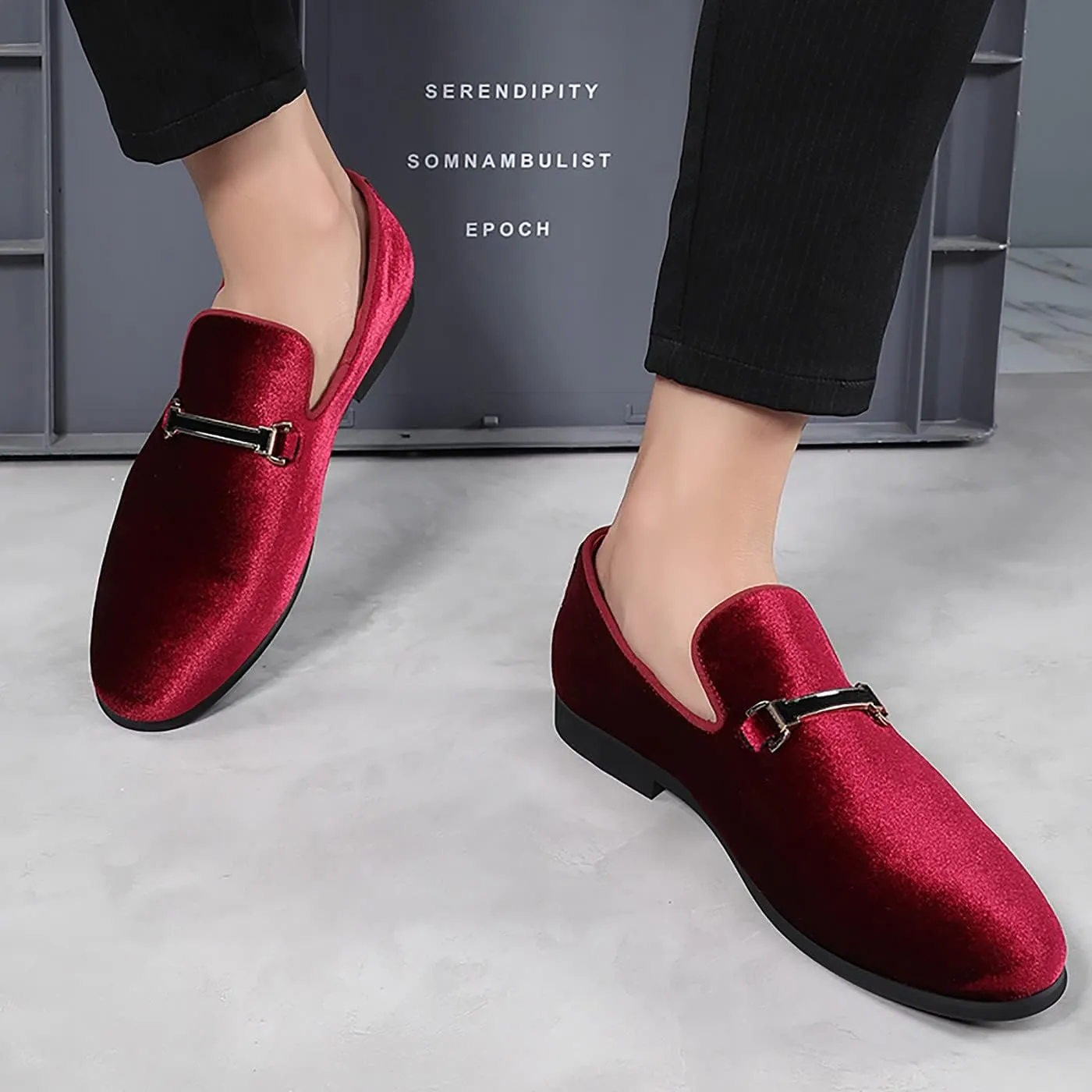 Mens Blue Dress Shoe Prom Velvet Loafers Red Wedding Shoes Horsebit Flat Driving Moccasin Shoes for Men