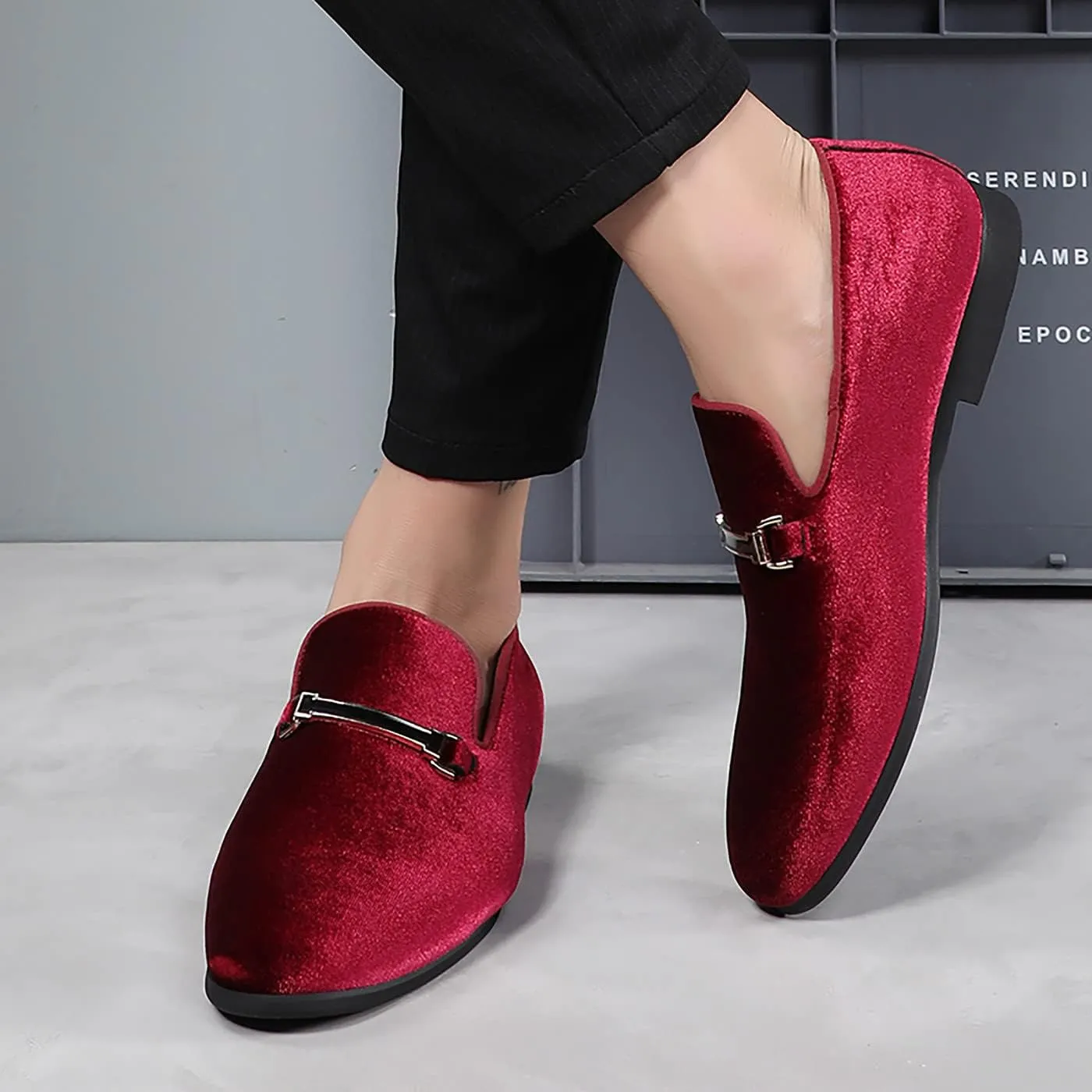 Mens Blue Dress Shoe Prom Velvet Loafers Red Wedding Shoes Horsebit Flat Driving Moccasin Shoes for Men