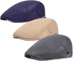 Men's Breathable Mesh Summer Hat Flat Cap Beret Ivy Gatsby Newsboy Cabbie Caps (C-Navy/Grey/Khaki), One Size