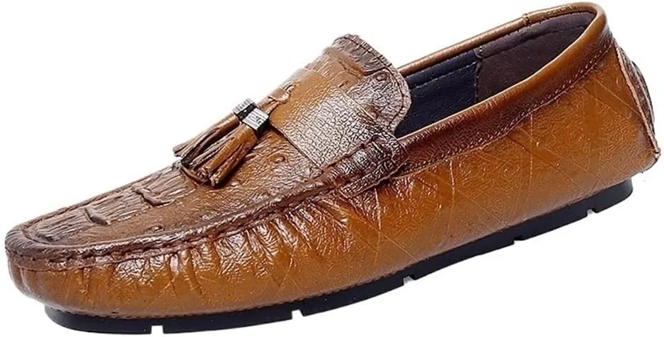 Mens Crocodile Print Tassel Loafers Slip On Round Toe Driving Shoes Flexible Lightweight Walking Casual Comfortable