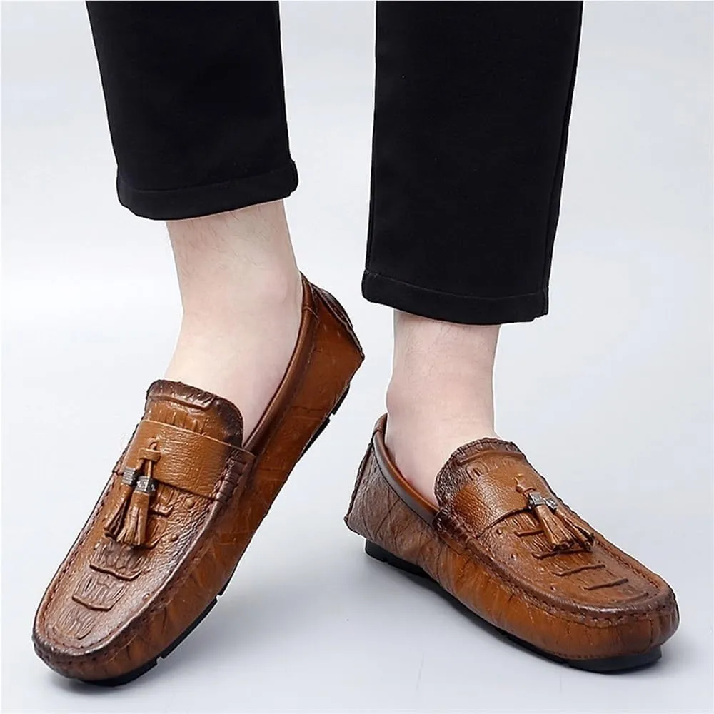 Mens Crocodile Print Tassel Loafers Slip On Round Toe Driving Shoes Flexible Lightweight Walking Casual Comfortable