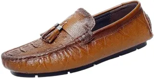 Mens Crocodile Print Tassel Loafers Slip On Round Toe Driving Shoes Flexible Lightweight Walking Casual Comfortable