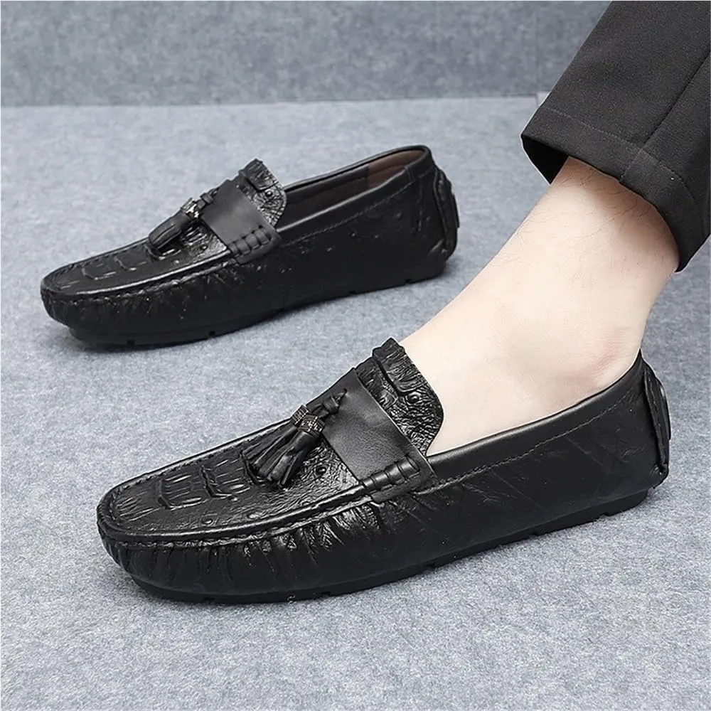 Mens Crocodile Print Tassel Loafers Slip On Round Toe Driving Shoes Flexible Lightweight Walking Casual Comfortable