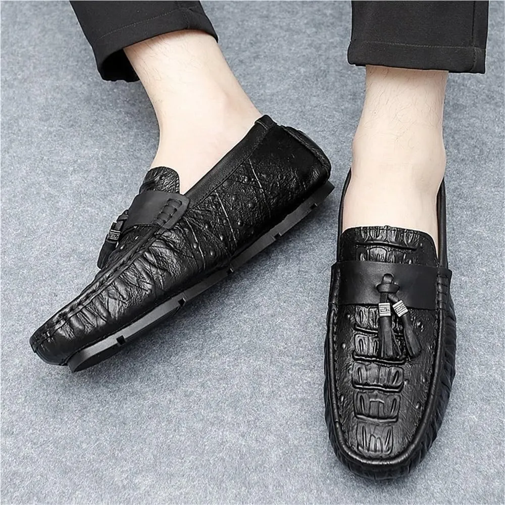 Mens Crocodile Print Tassel Loafers Slip On Round Toe Driving Shoes Flexible Lightweight Walking Casual Comfortable