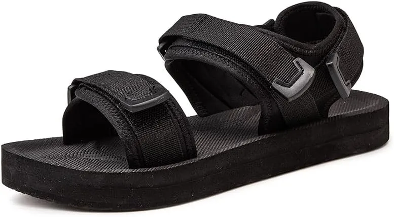 Men's Flat Sandals, Open Toe, Adjustable Straps, Non-Slip Sole, Black, Big Size
