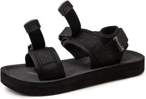 Men's Flat Sandals, Open Toe, Adjustable Straps, Non-Slip Sole, Black, Big Size
