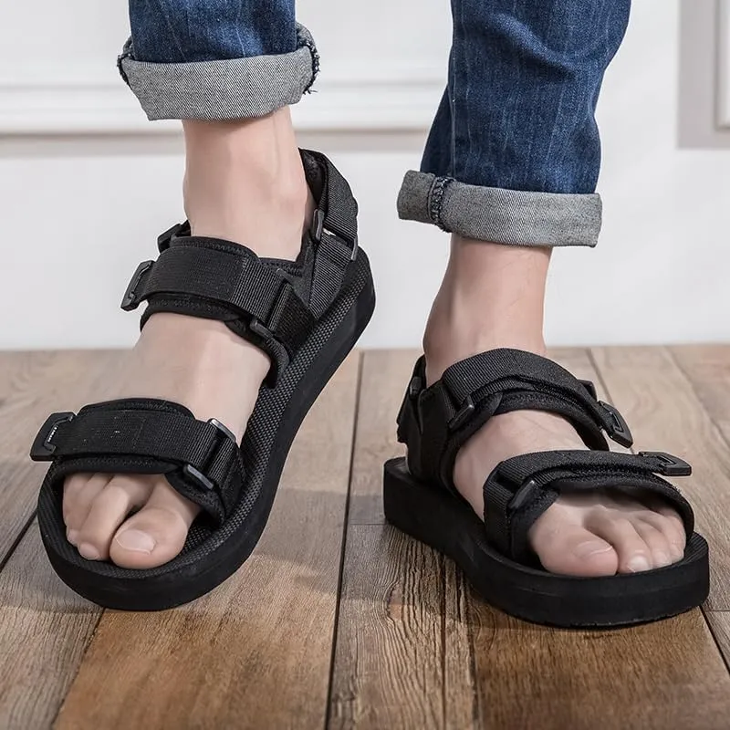 Men's Flat Sandals, Open Toe, Adjustable Straps, Non-Slip Sole, Black, Big Size