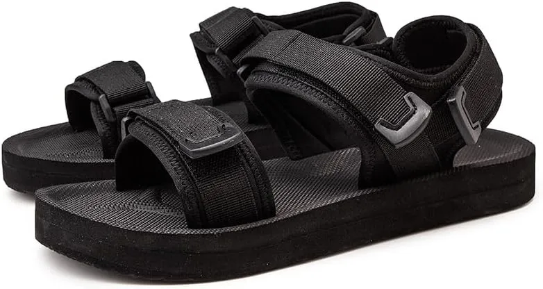 Men's Flat Sandals, Open Toe, Adjustable Straps, Non-Slip Sole, Black, Big Size