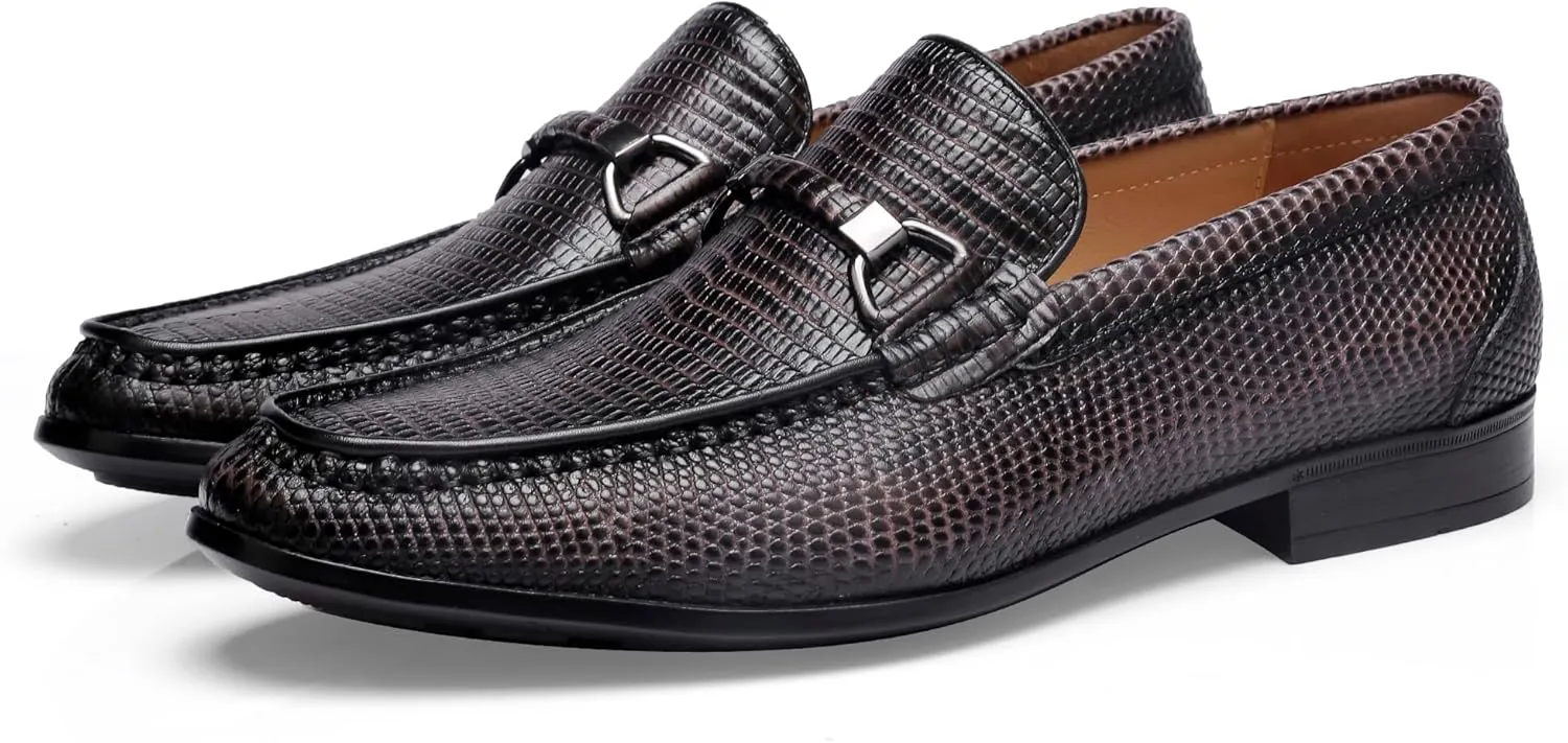 Mens Genuine Dress Shoes, Premium Crocodile Print Leather Slip-on Casual Shoes Penny Loafers for Mens, Black