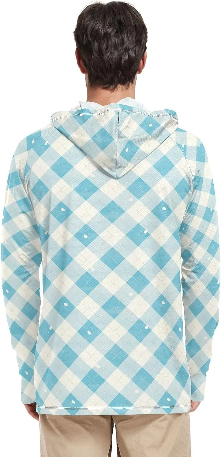 Mens Hoodie Sun Protection Long Sleeve UPF 50   Sun Shirt with Hood Fishing Shirt UV Hooded Rash Guard Gingham Teal Blue