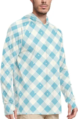 Mens Hoodie Sun Protection Long Sleeve UPF 50   Sun Shirt with Hood Fishing Shirt UV Hooded Rash Guard Gingham Teal Blue