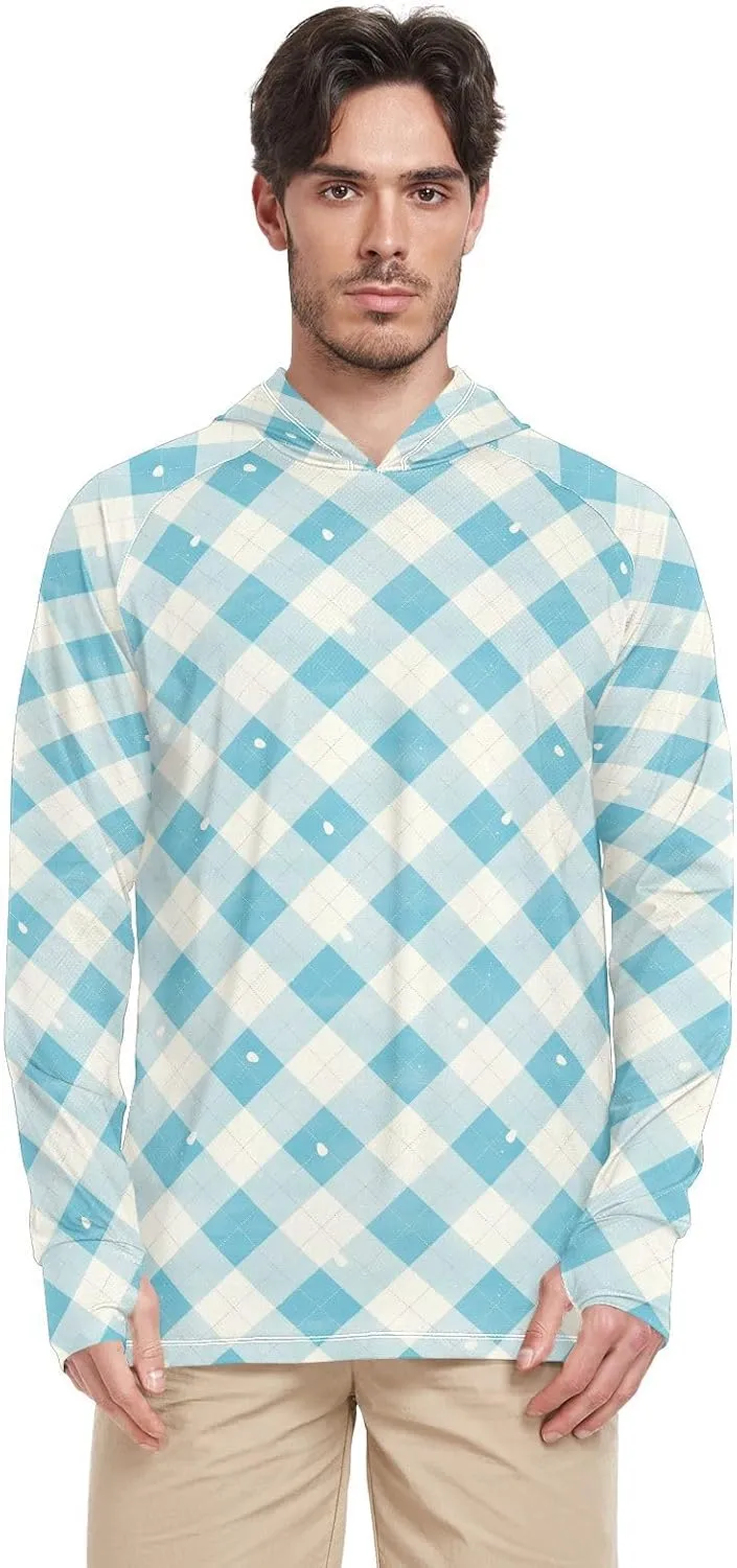 Mens Hoodie Sun Protection Long Sleeve UPF 50   Sun Shirt with Hood Fishing Shirt UV Hooded Rash Guard Gingham Teal Blue