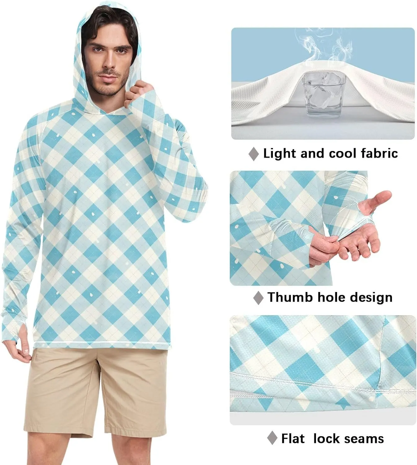 Mens Hoodie Sun Protection Long Sleeve UPF 50   Sun Shirt with Hood Fishing Shirt UV Hooded Rash Guard Gingham Teal Blue