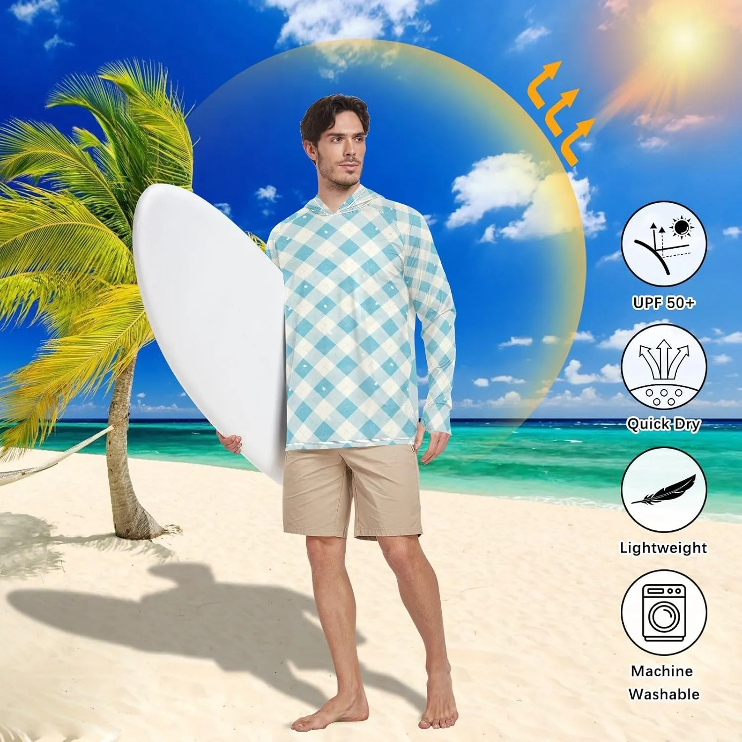 Mens Hoodie Sun Protection Long Sleeve UPF 50   Sun Shirt with Hood Fishing Shirt UV Hooded Rash Guard Gingham Teal Blue