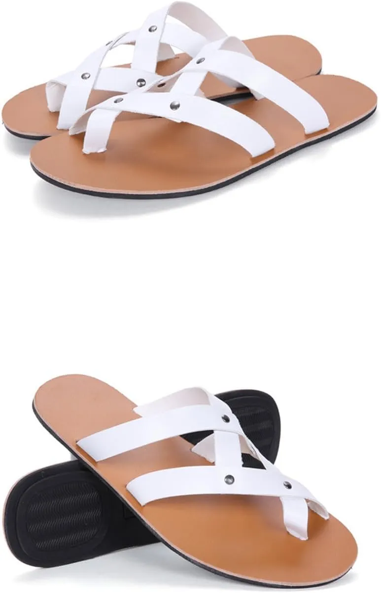 Men's Leather Toe Ring Flat Roman Sandals Fashion Breathable Round Open Toe Cross Strap Slip-On Clip-Toe Non-Slip Beach Sandals Comfortable Walking Flat Sandals