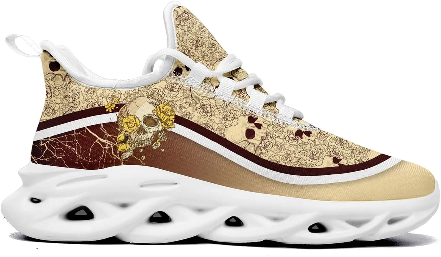Men's Road Runnig Shoes Non-Slip Lightweight Fashion Skull Rose Walking Sneaker Athletic Cool Cushioned Sport Shoes for Women