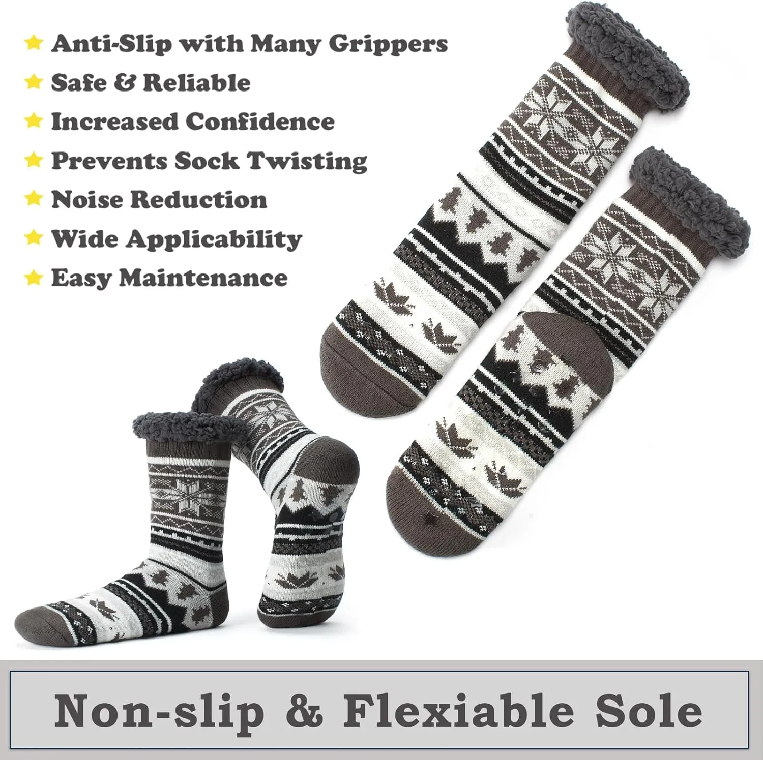 Men's Slipper Socks with Non-Slip Grippers, Thermal Fuzzy Warm Sherpa Lining, Cozy Gifts