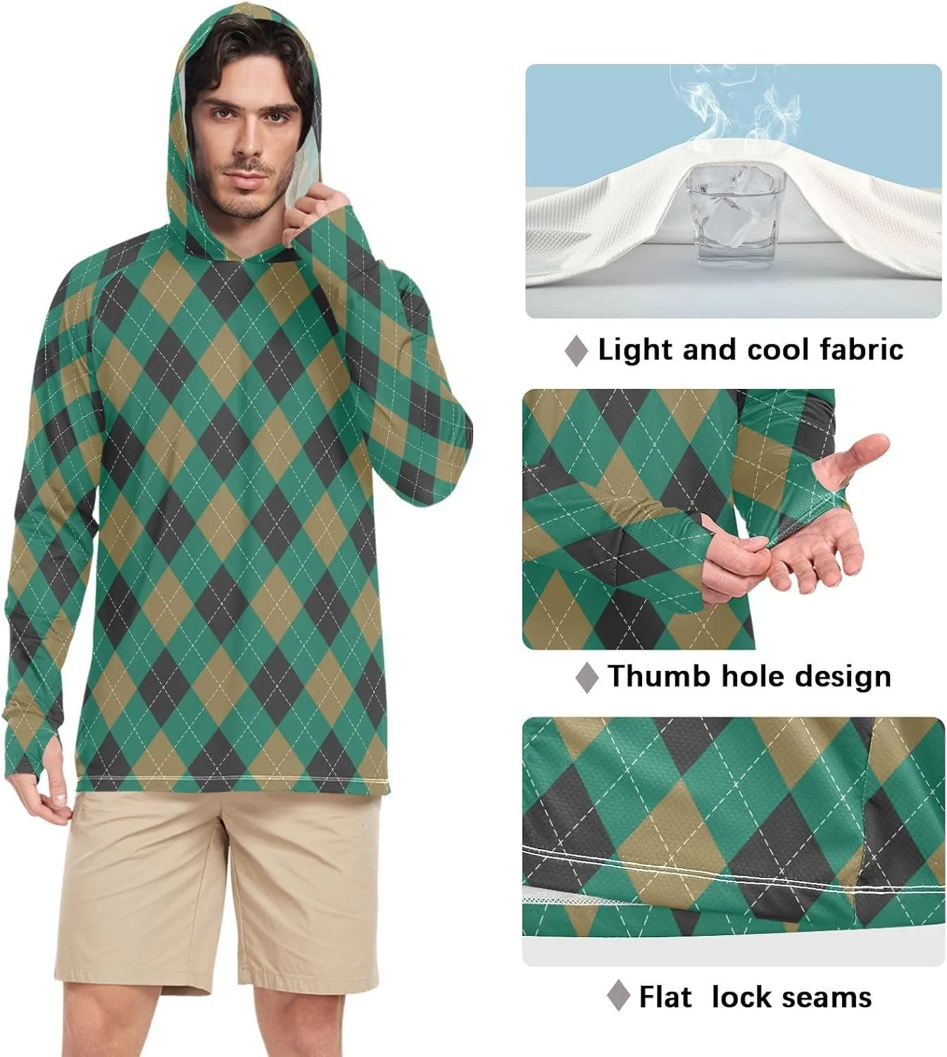 Mens Sun Protection Hoodie Long Sleeve Argyle Plaid Fishing Shirt UPF 50  Clothing Hood Shirts Rash Guard Men UV