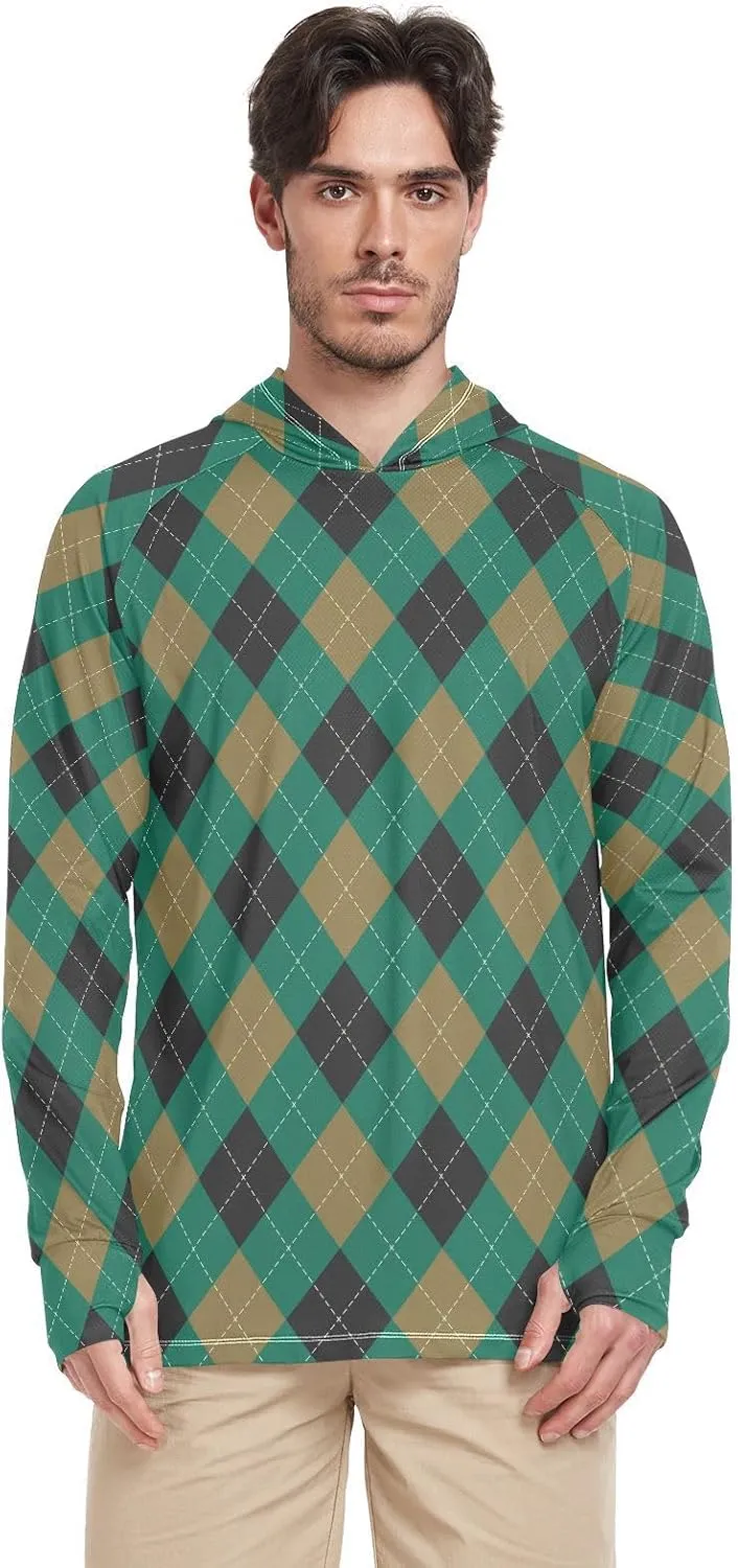 Mens Sun Protection Hoodie Long Sleeve Argyle Plaid Fishing Shirt UPF 50  Clothing Hood Shirts Rash Guard Men UV