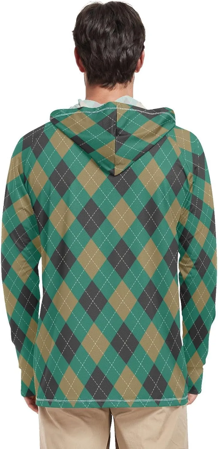 Mens Sun Protection Hoodie Long Sleeve Argyle Plaid Fishing Shirt UPF 50  Clothing Hood Shirts Rash Guard Men UV