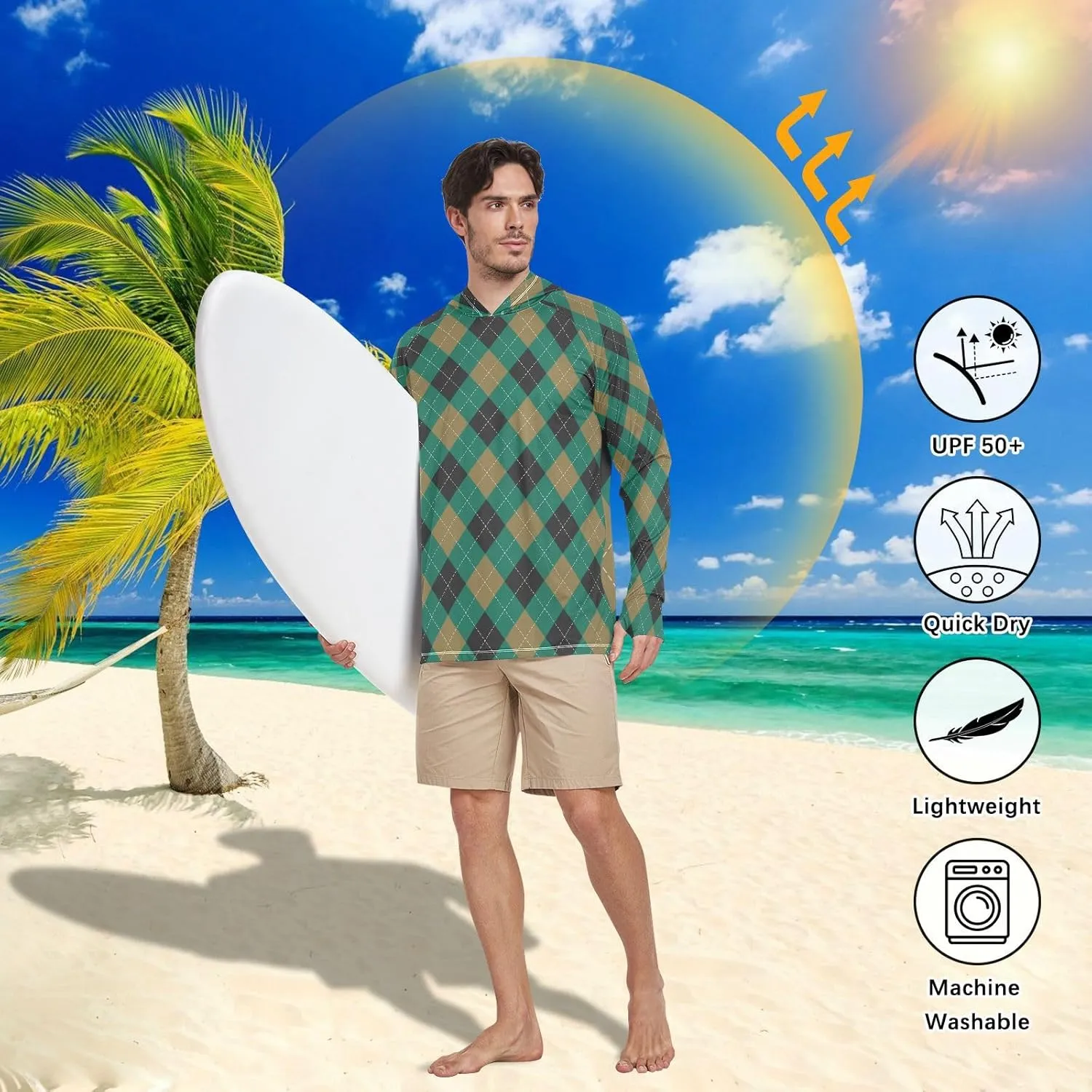 Mens Sun Protection Hoodie Long Sleeve Argyle Plaid Fishing Shirt UPF 50  Clothing Hood Shirts Rash Guard Men UV