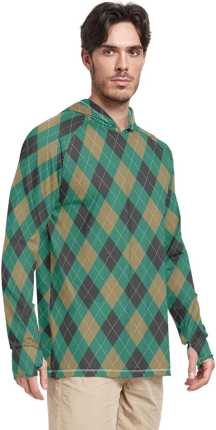 Mens Sun Protection Hoodie Long Sleeve Argyle Plaid Fishing Shirt UPF 50  Clothing Hood Shirts Rash Guard Men UV