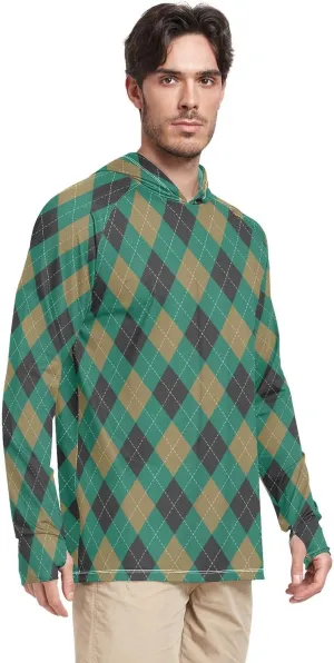 Mens Sun Protection Hoodie Long Sleeve Argyle Plaid Fishing Shirt UPF 50  Clothing Hood Shirts Rash Guard Men UV