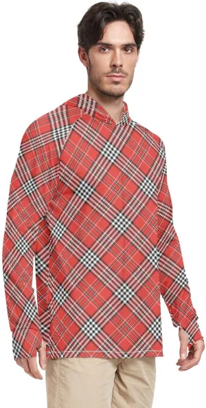 Men's Sun Protection Hoodie Long Sleeve Red Plaid Fishing Shirt UPF 50  Sun Proof Shirts UV Hooded Rash Guard