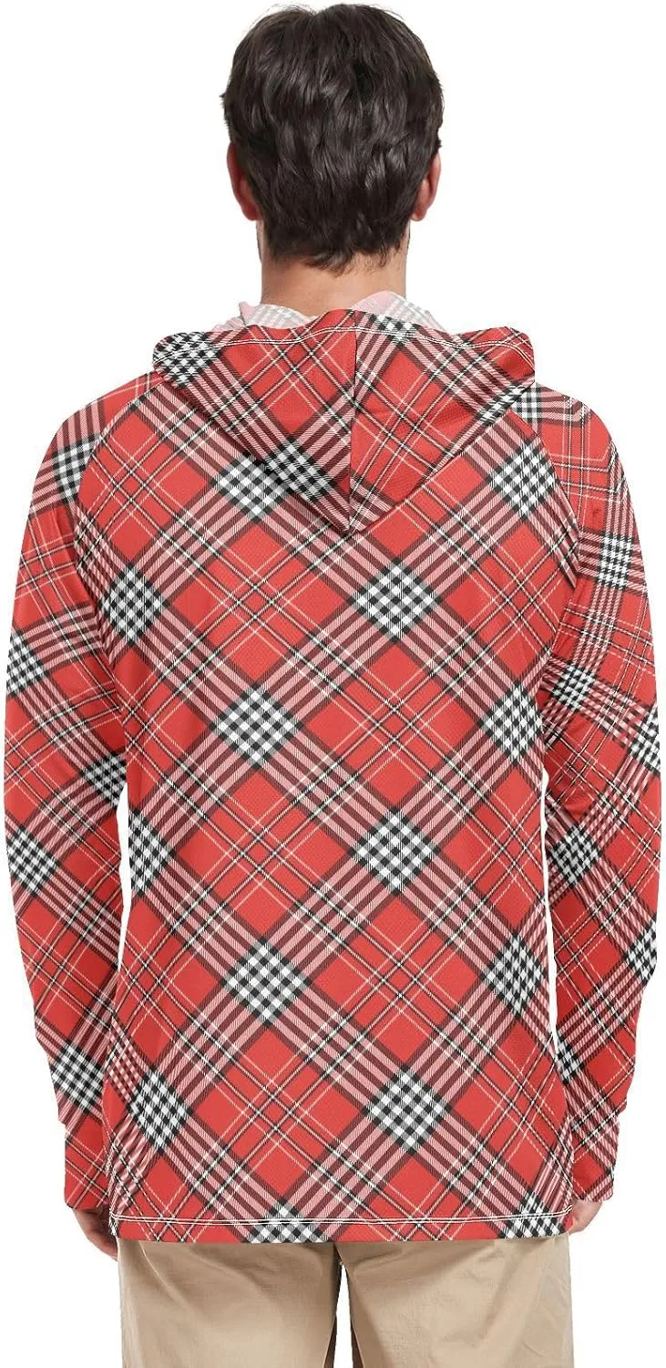 Men's Sun Protection Hoodie Long Sleeve Red Plaid Fishing Shirt UPF 50  Sun Proof Shirts UV Hooded Rash Guard