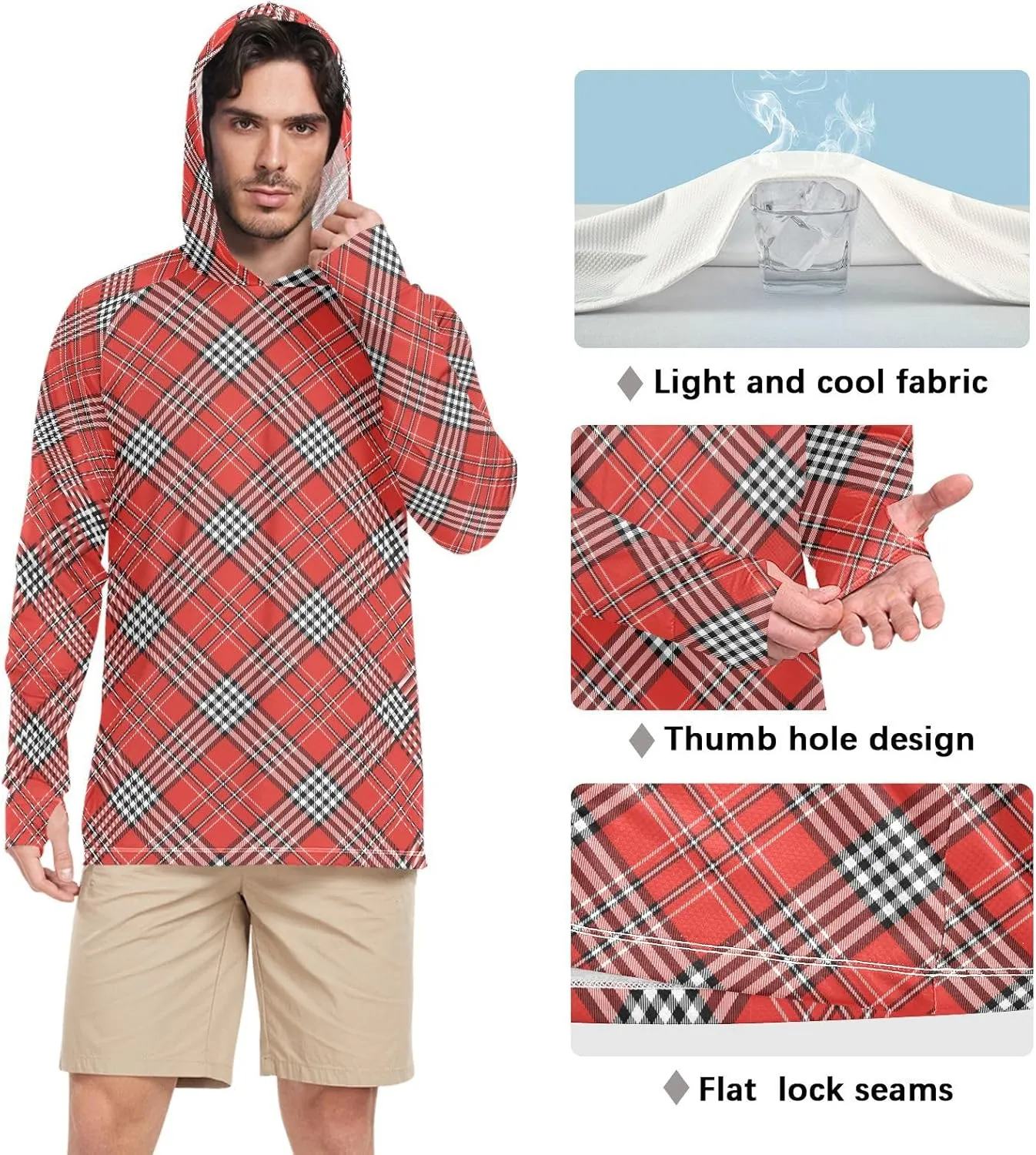 Men's Sun Protection Hoodie Long Sleeve Red Plaid Fishing Shirt UPF 50  Sun Proof Shirts UV Hooded Rash Guard
