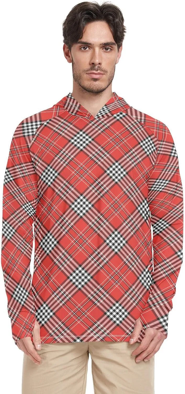 Men's Sun Protection Hoodie Long Sleeve Red Plaid Fishing Shirt UPF 50  Sun Proof Shirts UV Hooded Rash Guard