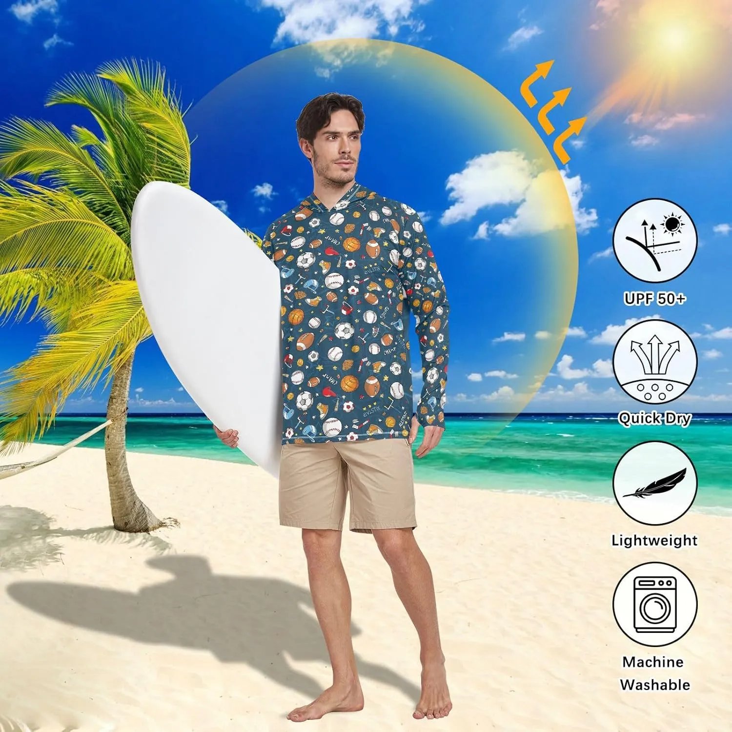 Men's Sun Protection Hoodie Long Sleeve Sport Sun Shirt with Hood UPF 50  Hooded Fishing Shirts Hooded Rash Guard